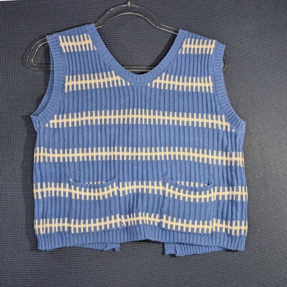 Retro Blue Striped Lace Up Front Ribbed Sweater Vest with Back Pockets Small